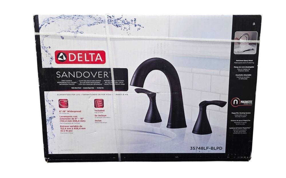 Delta Sandover Two Handle Widespread Bathroom Faucet Matte Black New #35748LF-BL